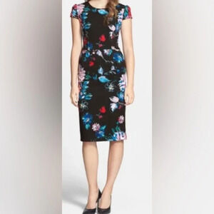 Betsey Johnson Black Floral Midi short sleeve Dress Sz 4